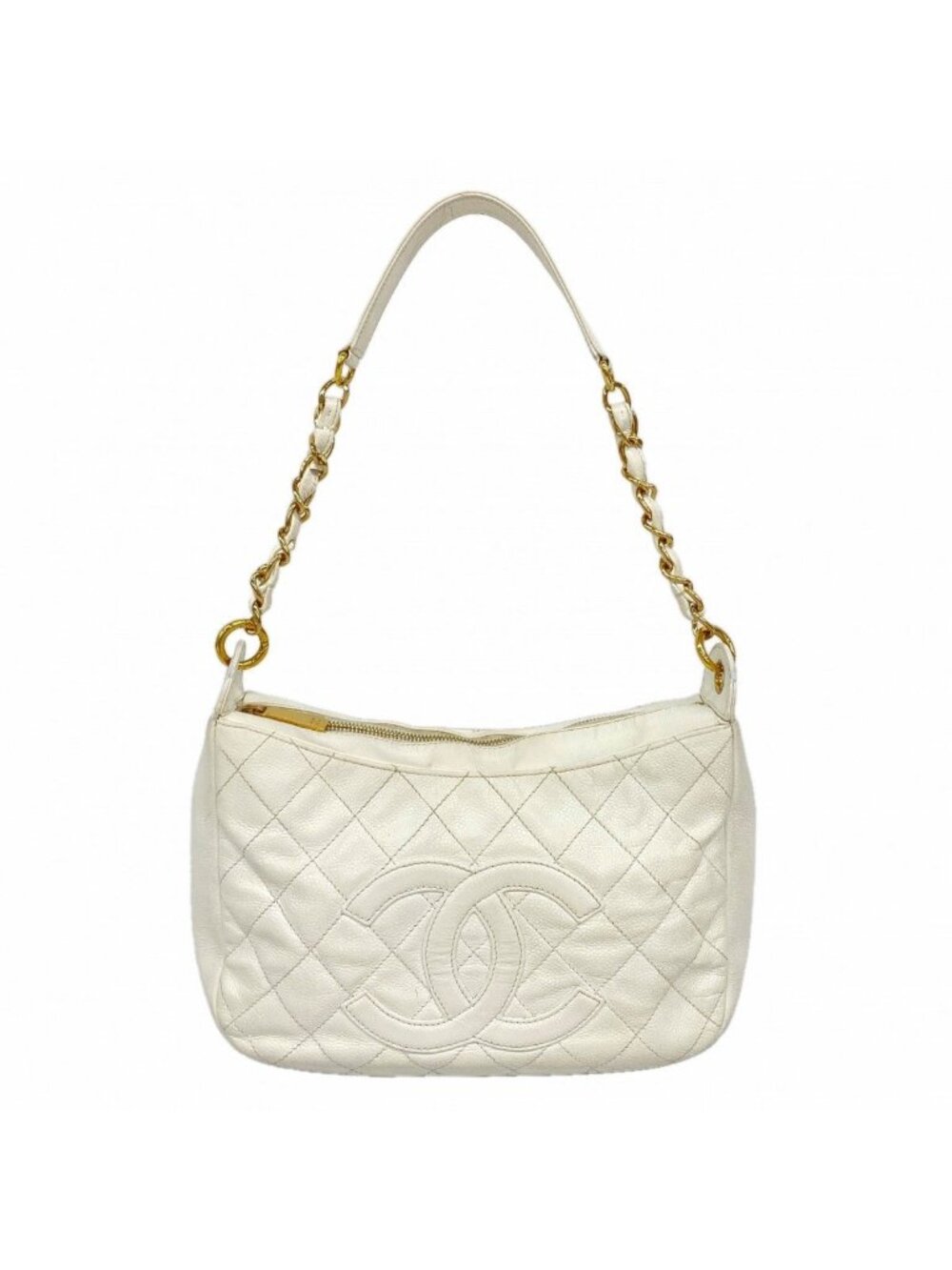Chanel Shoulder Bag Quilted Caviar Leather White Gold